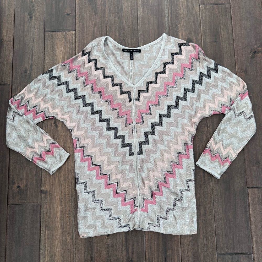 White House Black Market Metallic Chevron Zig Zag V-Neck Sweater M